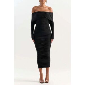 Naked Wardrobe The Shoulderless Ruched Dress Long Sleeve Midi Dress Black Medium